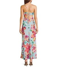 B. Darlin Floral Printed Drape Neck Lace Up Back Midi Dress