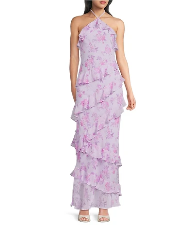 B. Darlin Floral Printed Halter Neck Asymmetrical Ruffled Maxi Dress