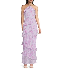 B. Darlin Floral Printed Halter Neck Asymmetrical Ruffled Maxi Dress