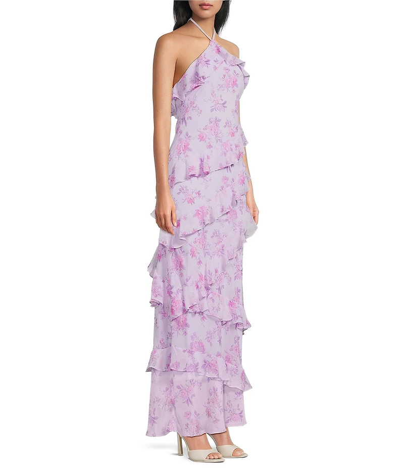 B. Darlin Floral Printed Halter Neck Asymmetrical Ruffled Maxi Dress