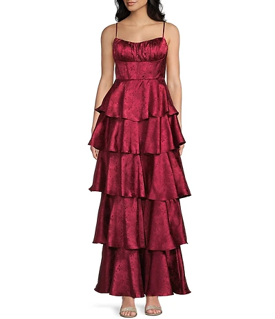 B. Darlin Floral Printed Jacquard Scoop Neck Corseted Tiered Ruffle Long Dress