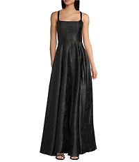 B. Darlin Floral Printed Jacquard Square Neck Lace Up Back Long Dress