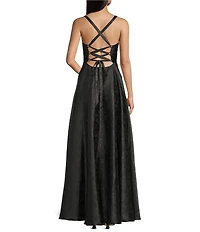 B. Darlin Floral Printed Jacquard Square Neck Lace Up Back Long Dress