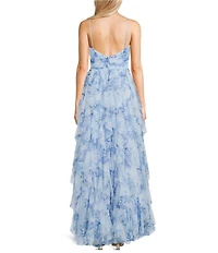 B. Darlin Floral Printed Mesh Pleated Scoop Neck Cascade Ruffled Dress