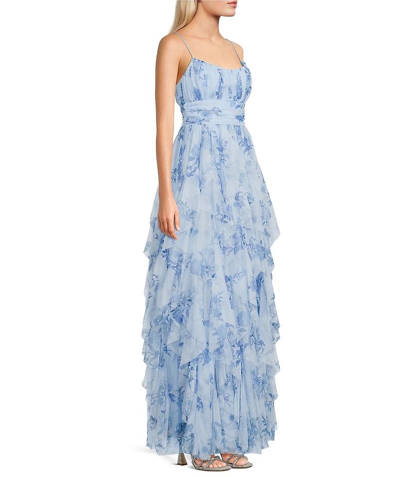 B. Darlin Floral Printed Mesh Pleated Scoop Neck Cascade Ruffled Dress