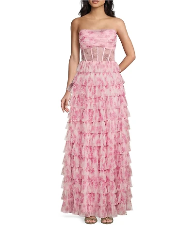 B. Darlin Floral Printed Mesh Strapless Corseted Tiered Ruffle Dress