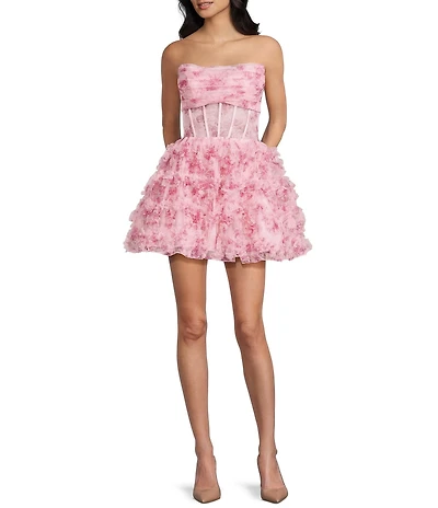 B. Darlin Floral Printed Mesh Strapless Illusion Corset Fit And Flare Ruffled Dress