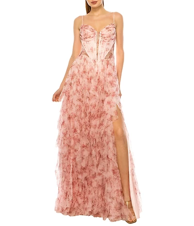 B. Darlin Floral Printed Mesh Sweetheart Neck Corseted Ruffle Long Dress