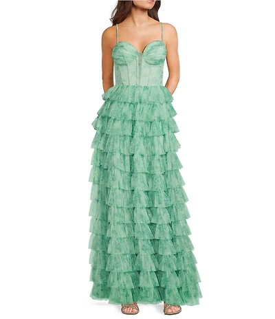 B. Darlin Floral Printed Mesh Sweetheart Neck Corseted Tiered Ruffle Long Dress