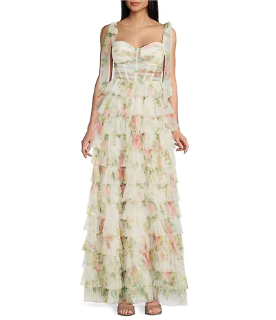B. Darlin Floral Printed Mesh Sweetheart Neck Tie Shoulder Illusion Corseted Tiered Ruffle Long Dress