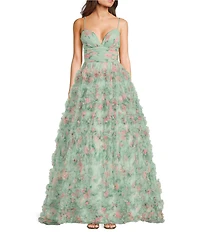 B. Darlin Floral Printed Mesh V-Neck Pleated Ruffle Ballgown