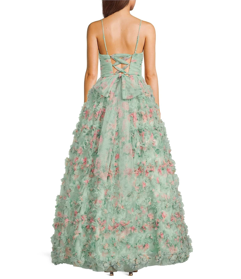 B. Darlin Floral Printed Mesh V-Neck Pleated Ruffle Ballgown