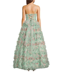 B. Darlin Floral Printed Mesh V-Neck Pleated Ruffle Ballgown