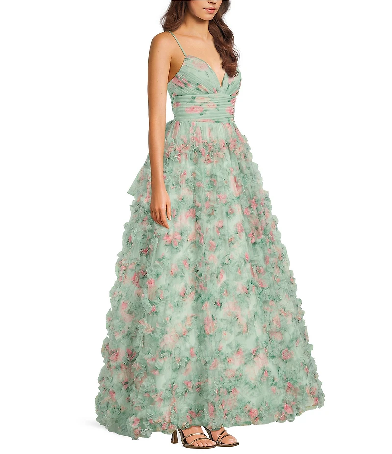 B. Darlin Floral Printed Mesh V-Neck Pleated Ruffle Ballgown