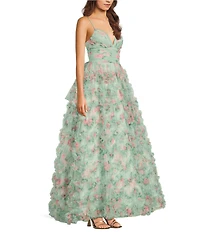 B. Darlin Floral Printed Mesh V-Neck Pleated Ruffle Ballgown