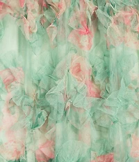 B. Darlin Floral Printed Mesh V-Neck Pleated Ruffle Ballgown