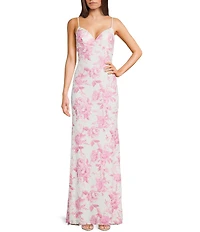 B. Darlin Floral Printed Mesh V-Neck Side Slit Dress