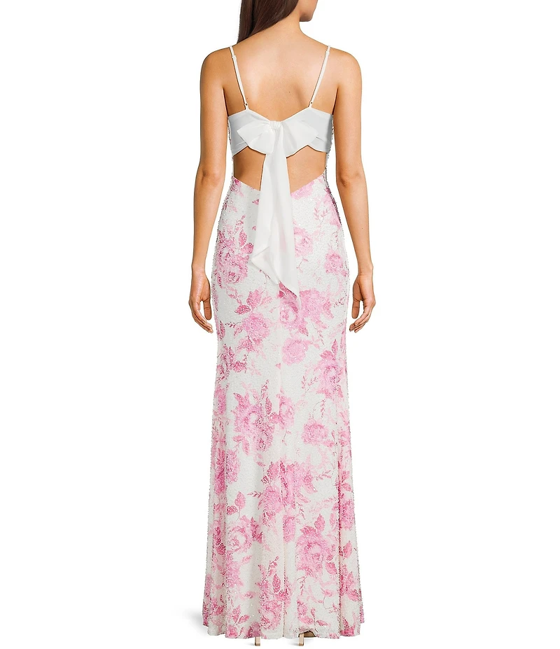 B. Darlin Floral Printed Mesh V-Neck Side Slit Dress