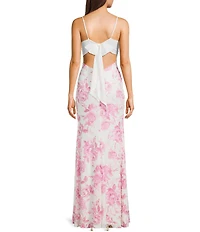 B. Darlin Floral Printed Mesh V-Neck Side Slit Dress