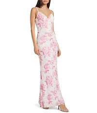 B. Darlin Floral Printed Mesh V-Neck Side Slit Dress