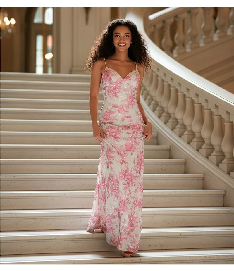 B. Darlin Floral Printed Mesh V-Neck Side Slit Dress