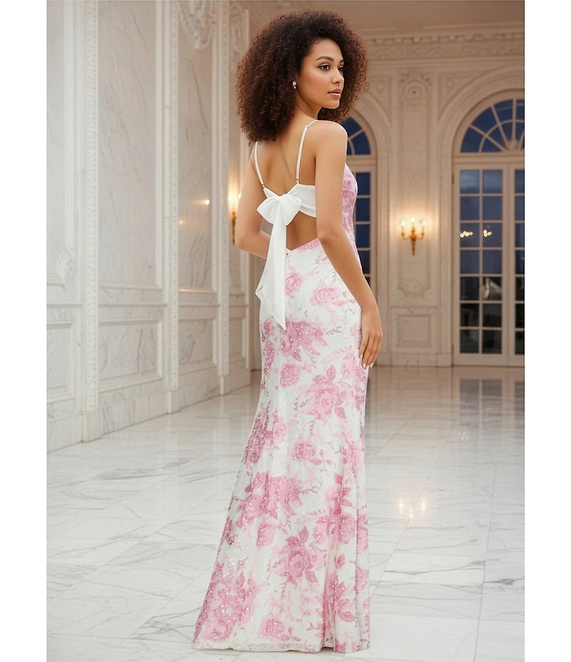 B. Darlin Floral Printed Mesh V-Neck Side Slit Dress