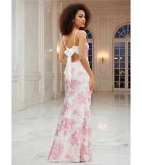 B. Darlin Floral Printed Mesh V-Neck Side Slit Dress