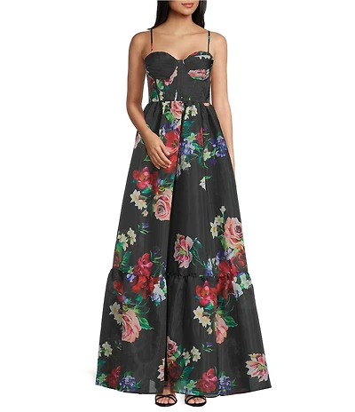 B. Darlin Floral Printed Pleated Sweetheart Neck Corseted Bustier Ruffled Hem Dress