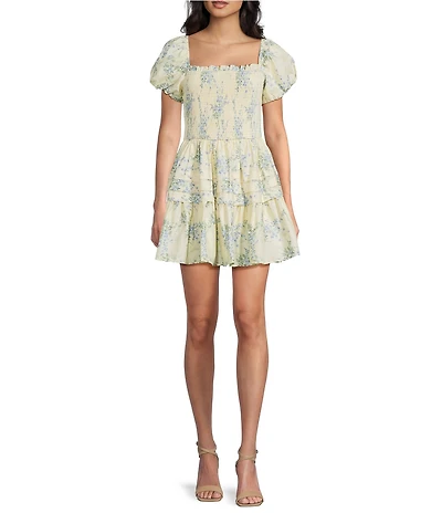 B. Darlin Floral Printed Puff Sleeve Smocked Tiered Dress