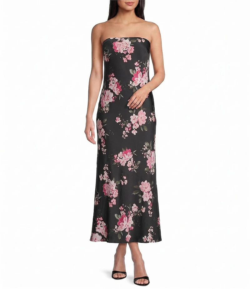 B. Darlin Floral Printed Satin Strapless Scarf Midi Dress