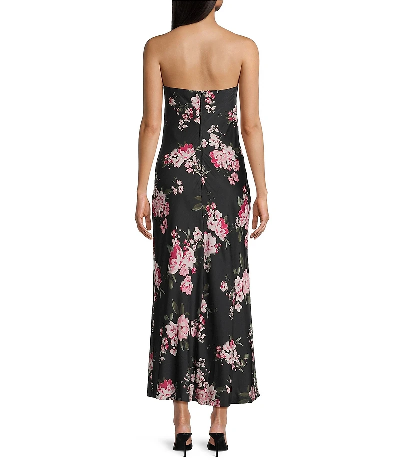 B. Darlin Floral Printed Satin Strapless Scarf Midi Dress