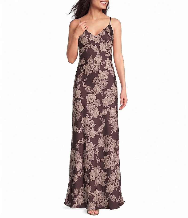 B. Darlin Floral Printed Satin V-Neck Maxi Dress