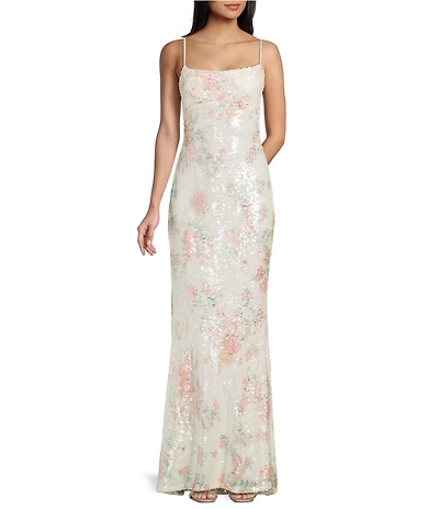 B. Darlin Floral Printed Sequin Scoop Neck Fitted Dress