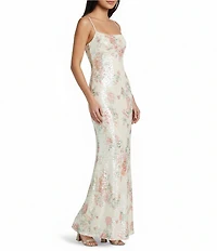 B. Darlin Floral Printed Sequin Scoop Neck Fitted Long Dress
