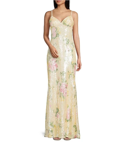 B. Darlin Floral Printed Sequin V-Neck Double Strap Lace Up Back Mermaid Dress