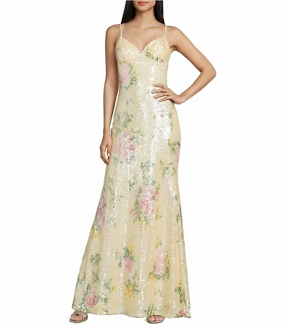 B. Darlin Floral Printed Sequin V-Neck Double Strap Lace Up Back Mermaid Dress