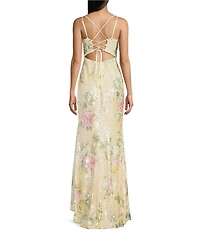 B. Darlin Floral Printed Sequin V-Neck Double Strap Lace Up Back Mermaid Dress