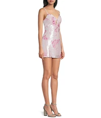 B. Darlin Floral Printed Sequin V-Neck Tie Front A-Line Dress