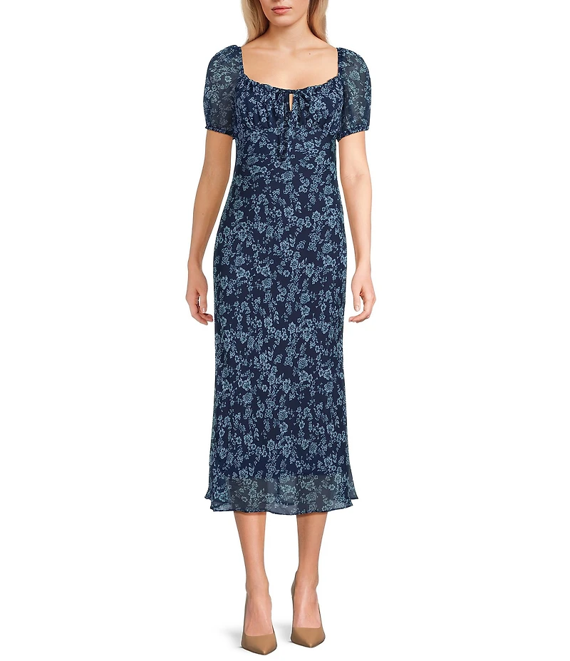 B. Darlin Floral Printed Short Puff Sleeve Tie Front Midi Dress