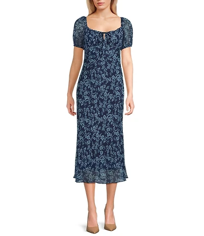 B. Darlin Floral Printed Short Puff Sleeve Tie Front Midi Dress