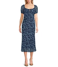 B. Darlin Floral Printed Short Puff Sleeve Tie Front Midi Dress