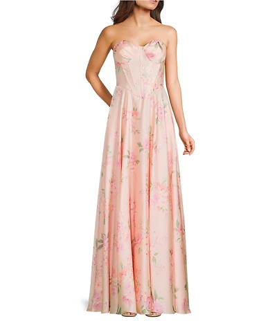 B. Darlin Floral Printed Strapless Sweetheart Corseted Bodice Lace Up Back Dress