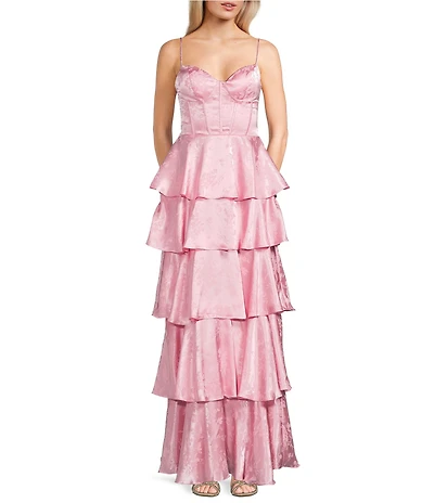 B. Darlin Floral Printed Sweetheart Neck Corseted Tiered Ruffle Long Dress