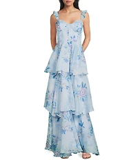 B. Darlin Floral Printed Sweetheart Neck Flutter Sleeve Tiered Ruffle Maxi Dress