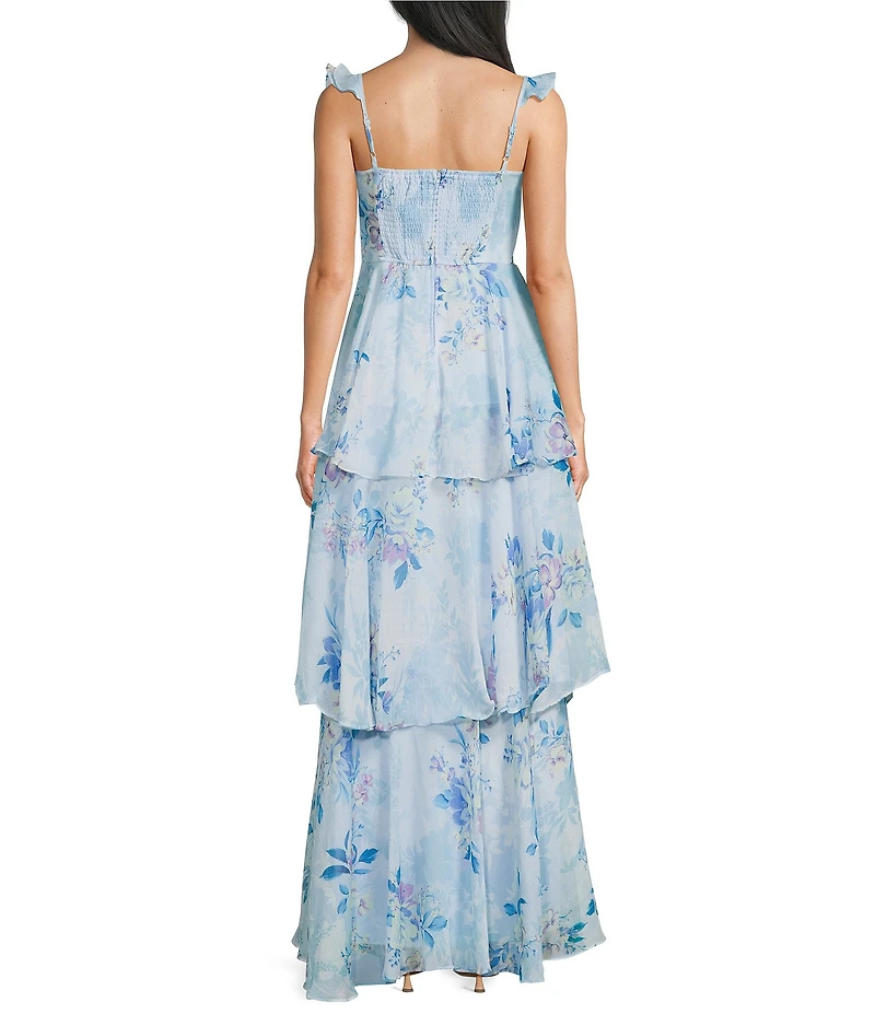 B. Darlin Floral Printed Sweetheart Neck Flutter Sleeve Tiered Ruffle Maxi Dress