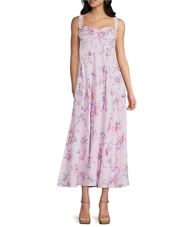 B. Darlin Floral Printed Sweetheart Neck Tie Front Lace Trim Midi Dress