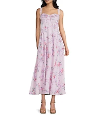 B. Darlin Floral Printed Sweetheart Neck Tie Front Lace Trim Midi Dress