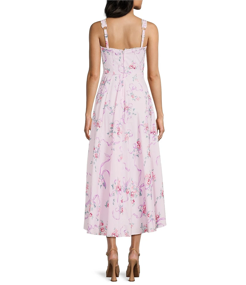 B. Darlin Floral Printed Sweetheart Neck Tie Front Lace Trim Midi Dress