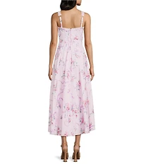 B. Darlin Floral Printed Sweetheart Neck Tie Front Lace Trim Midi Dress
