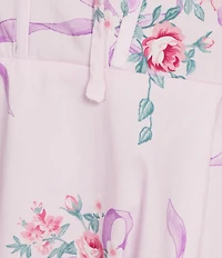 B. Darlin Floral Printed Sweetheart Neck Tie Front Lace Trim Midi Dress